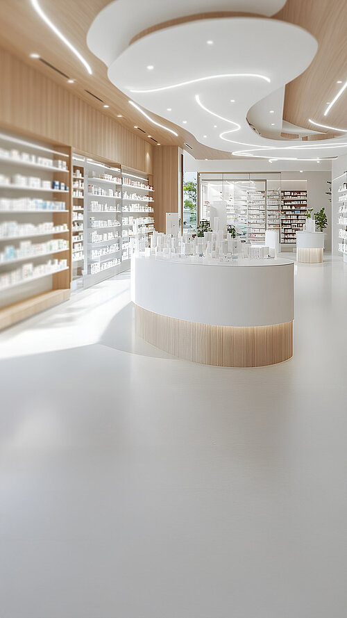 Helle moderne Apotheke mit eleganter Innenarchitektur, weißen Produktregalen und grünen Pflanzen