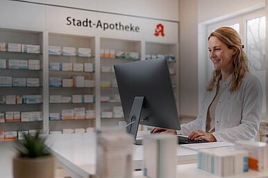 Apothekerin arbeitet am PC in der Apotheke