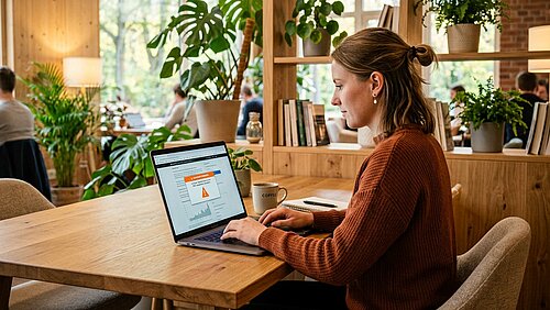 Person prüft IT-Sicherheitsdaten und Sicherheitswarnungen auf einem Laptop in einer modernen Arbeitsumgebung.