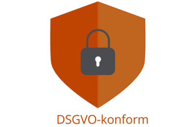 Grafik Schutzschild mit Schloss und Schriftzug DSGVO-konform