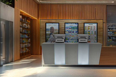 Moderne Apotheke mit digitalen Kassensystemen und digitaler Sichtwahl