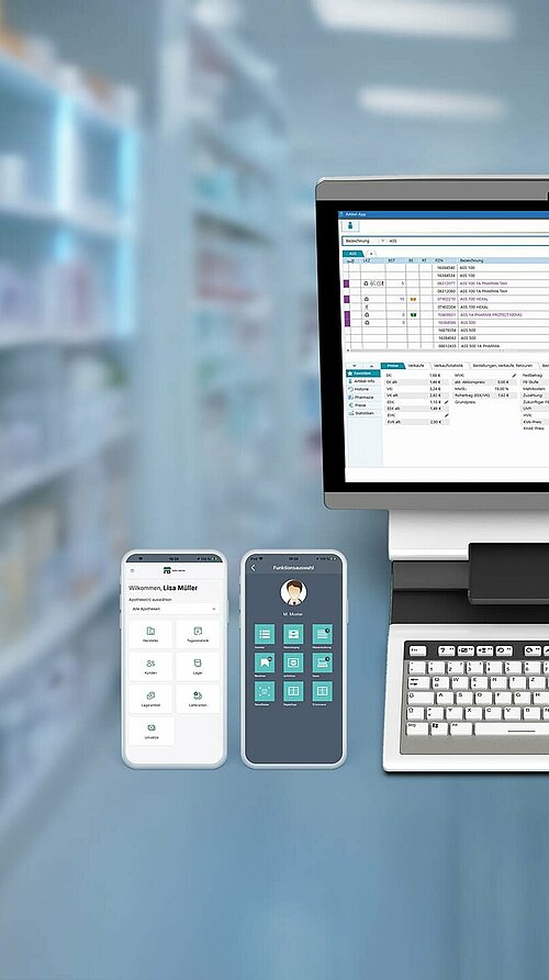 Digitale Apothekenlösungen mit Apothekenkasse ADGKAi & Y7 MULTITALENT, Smartphone mit App zur Warenwirtschaft