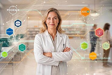 Expopharm-Visual von ApothekenConnect mit einer Apothekerin, die mit den Logos aller Netzwerk-Partner umgeben ist.