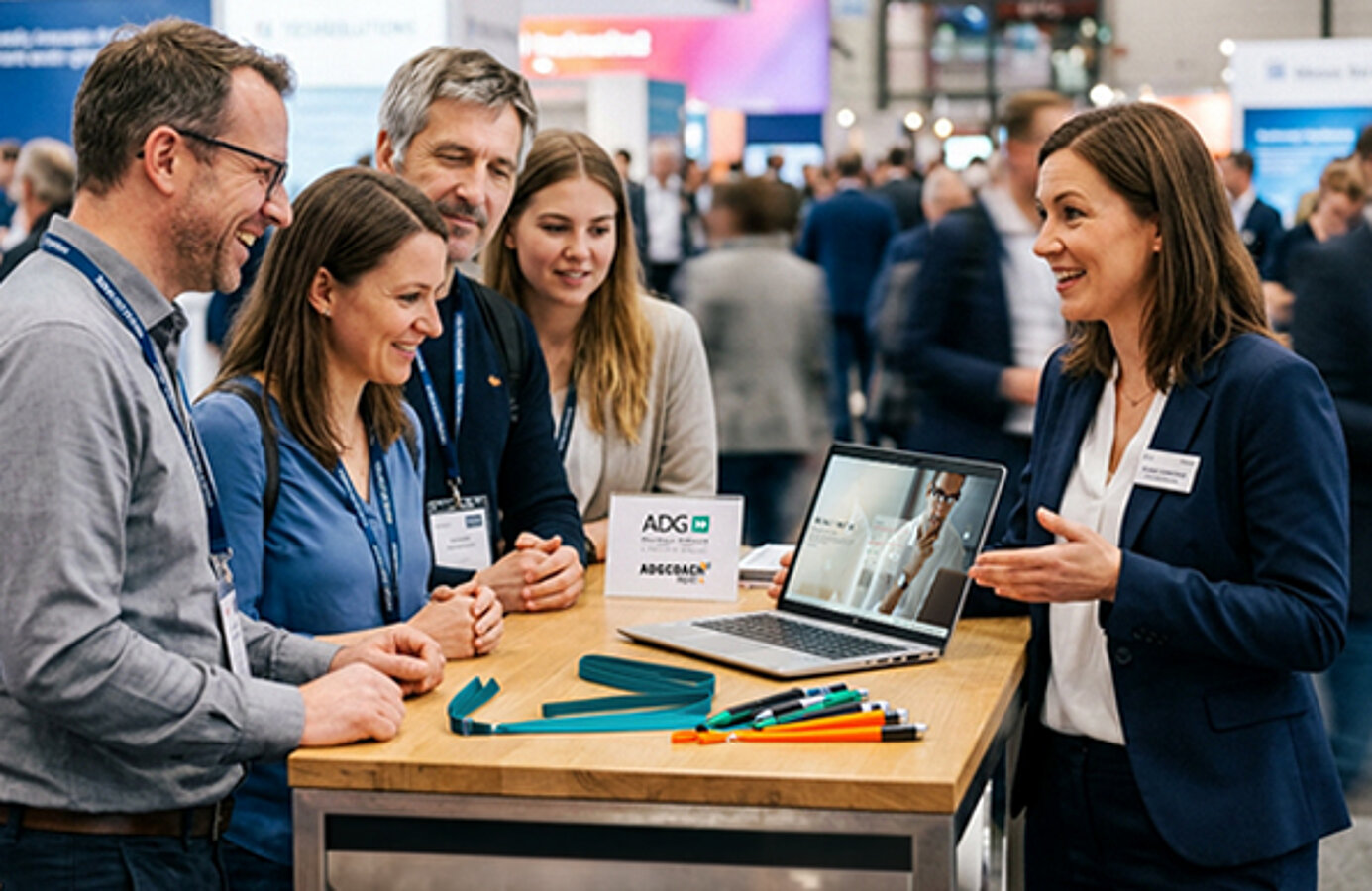 Mehrere Apothekeninhaber hören einer ADG Beraterin auf dem Messestand zu