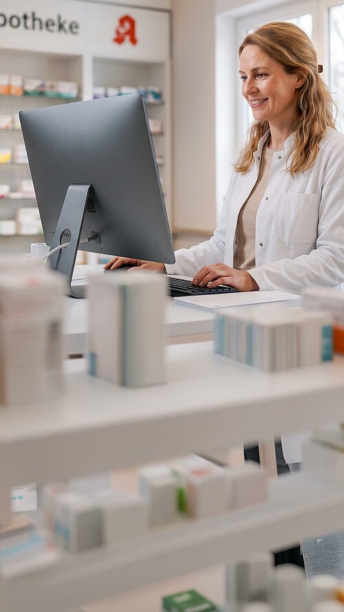 Apothekerin arbeitet am Computer in der Apotheke