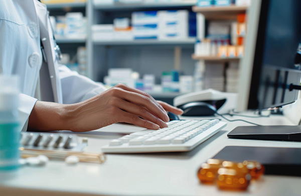 Apotheker arbeitet am PC