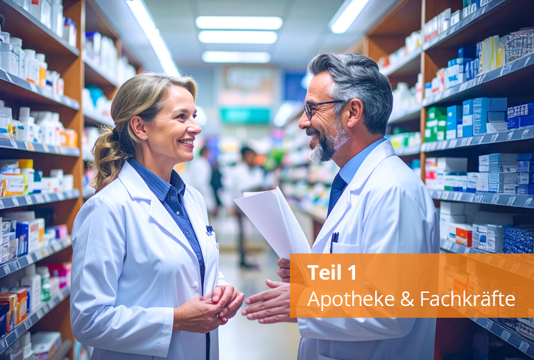 Apothekerin erhält Arbeitsvertrag von Apotheker in moderner Apotheke