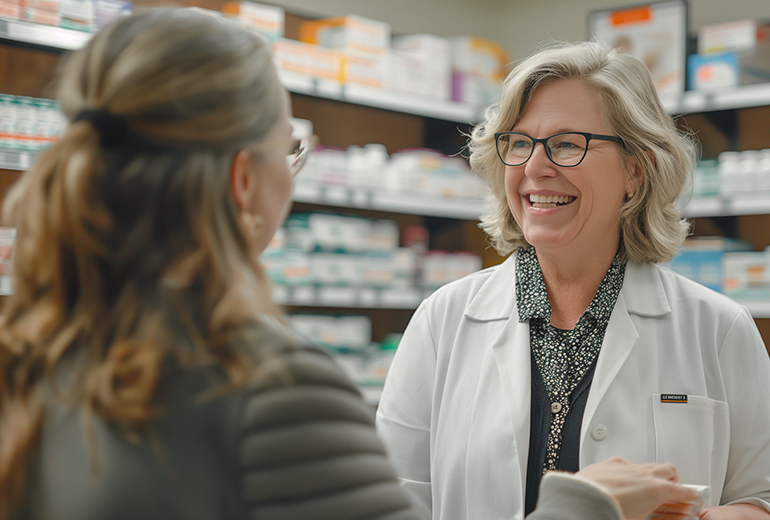 Lächelnde Apothekerin schaut Kundin an