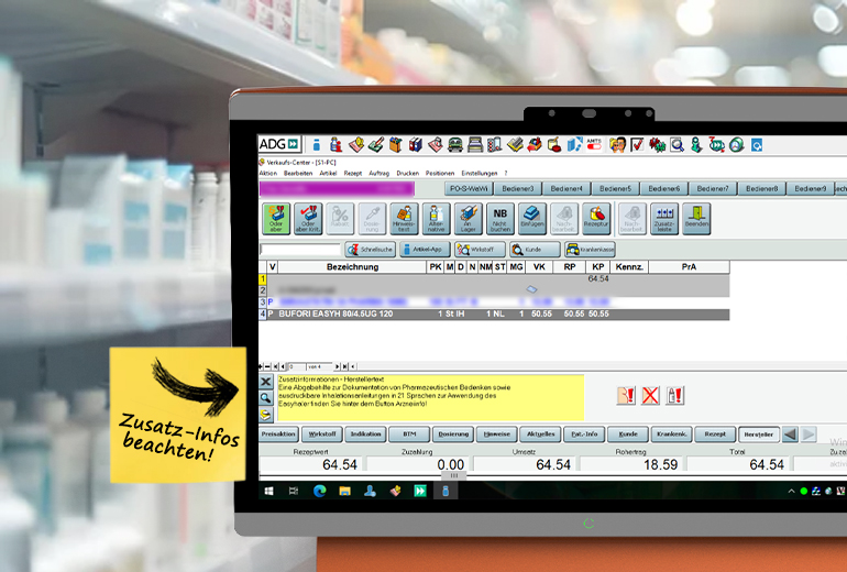 Display der Apothekenkasse ADGKAi zeigt Arzneiinfo in der Warenwirtschaft 