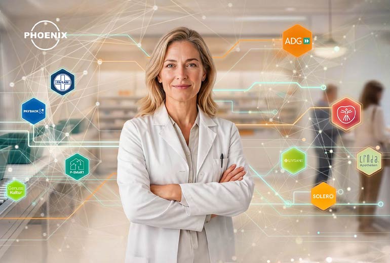 Expopharm-Visual von ApothekenConnect mit einer Apothekerin, die mit den Logos aller Netzwerk-Partner umgeben ist.