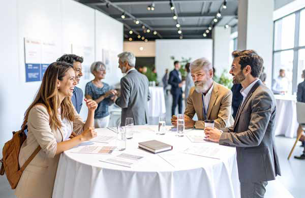 Geschäftsleute stehen an rundem Tisch bei Veranstaltung in modernem Konferenzraum